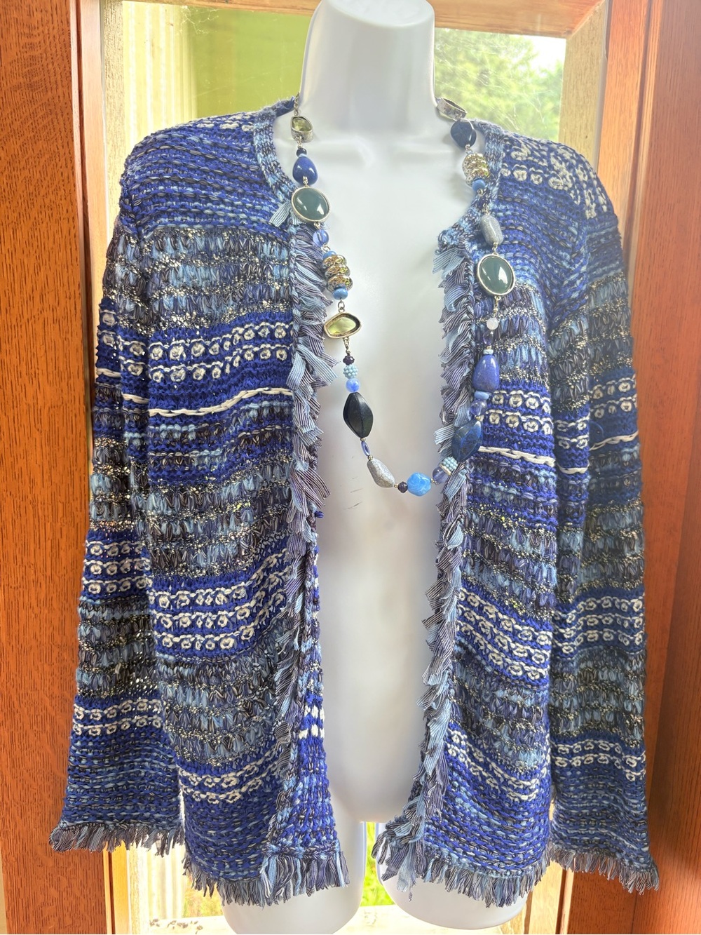 Chico’s Blue Fringe Open-Front Women's Sweater Cardigan & Necklace